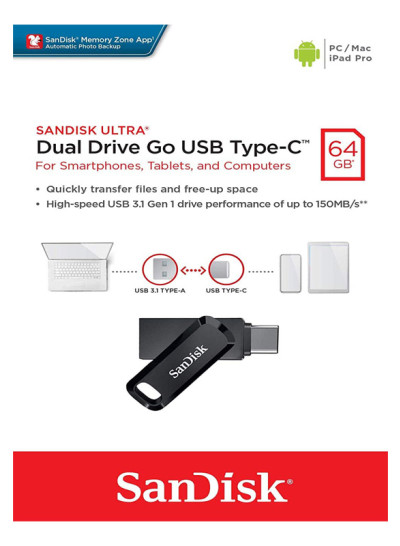 SanDisk 64GB Ultra Dual Drive Go USB 3.0 & Type-C Flash Drive 