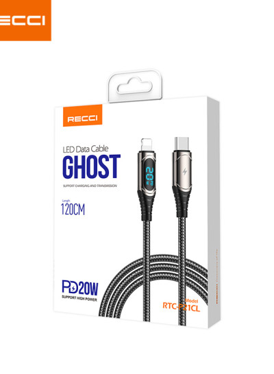 RECCI RTC-P21CL Ghost PD20W TYPE-C TO LIGHTNING LED CABLE 1.2M