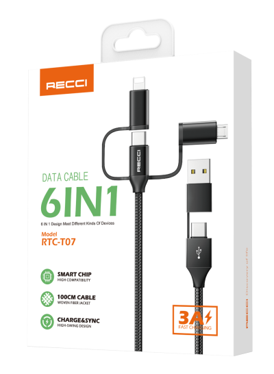 Recci Rtc-T07 6 In 1 Data Cable 3A Fast Charging Cable 1M 