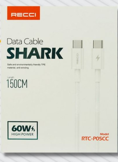 Recci RTC-P05CC Shark Type-C To Type-C PD 60W Fast Charging Cable 1.5M 