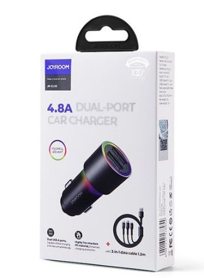 JOYROOM JR-CL10 Car Charger 2x USB 4.8A with 3-in-1 Charging Cable 1.2M RGB LED