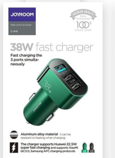 JOYROOM C-A19 38W Car Charger 3 USB Ports QC3.0 Aluminum Alloy - Green