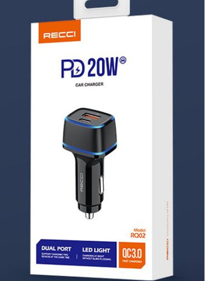 Recci Car Charger RQ02 PD + Q3.0 20W LED Light 