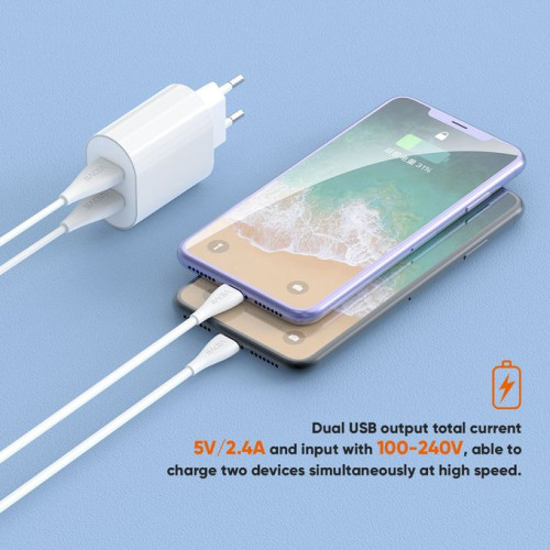Vidvie 2 Ports USB Charger 2.4A PLE233, With Lightning USB Cable