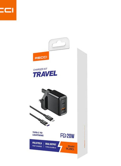 Recci RC28CL charger kit travel Type-C to Lightning PD20W fast charge dual output USB-A 