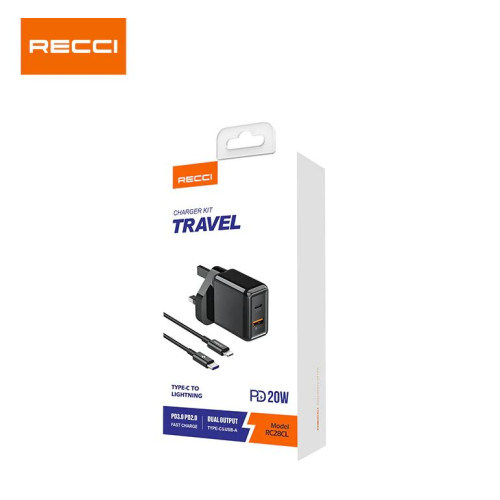 Recci RC28CL charger kit travel Type-C to Lightning PD20W fast charge dual output USB-A