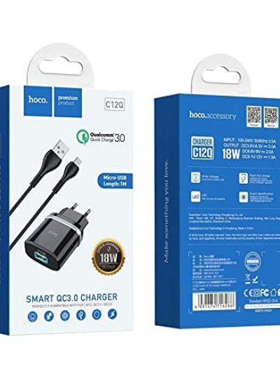 Hoco C12Q Wall charger QC3.0 EU single USB set with MicroUSB cable