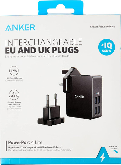 Anker PowerPort Lite 27W 2.4A 4 Port USB Charger for iPhone 8/8 Plus/7/6s, iPad Air/Mini, Galaxy/Note 