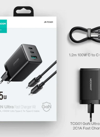 JOYROOM GaN Ultra JR-TCG01 65W 2C1A Fast Charger-Black+100W C to C Cable 1.2m- Black 