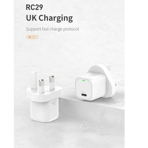 Recci RC29 GaN 25W wall charger 3 pin standard PD3.0+QC3.0 - White