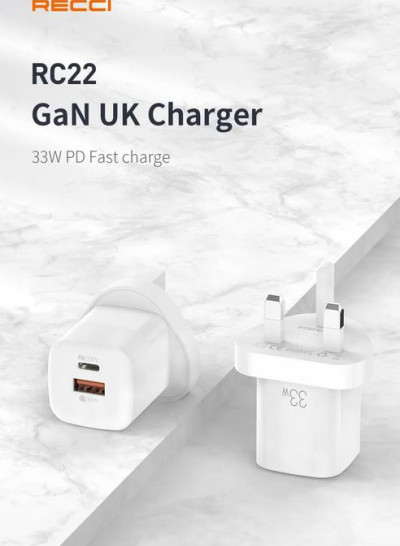 Recci RC22 GaN 33W wall charger 3 pin standard PD3.0+QC3.0 - White