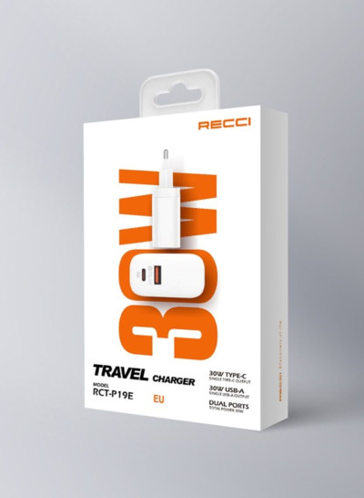 Recci RCT-P19E Fast Charger 30W-Dual Port PD+QC3.0 - White