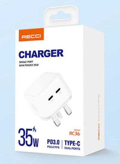 RECCI RC36 35W PD3.0 Dual Type-C Port Wall Charger (UK Plug) 