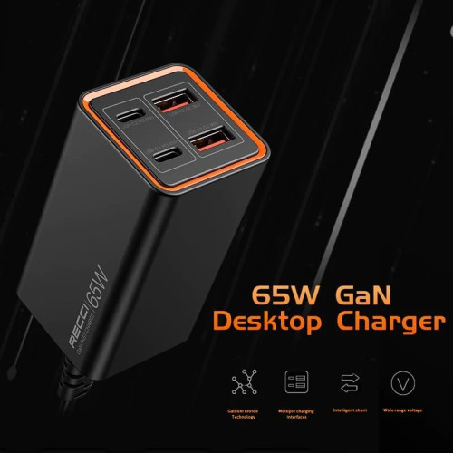 Recci RC37 Desktop Charger 65W GaN 4 Ports PD+QC3.0 For Laptop and Mobile