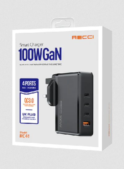Recci RC41 Smart Charger 100W GaN 4 Ports PD+QC3.0 - Black