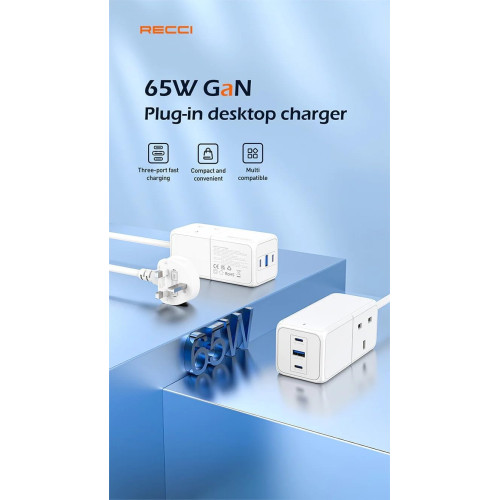 Recci RC48U Desktop Charger 65W GaN 3 Ports PD+QC3.0 For Laptop and Mobile