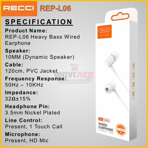 Recci RECCI REP-L06 WIRED EARPHONE, PURE SOUND QUALITY