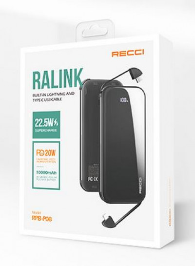 RECCI RPB-P08 PD 20W + 22.5W POWER BANK 10000MAH (BUILT-IN TYPE-C + LIGHTNING C) 
