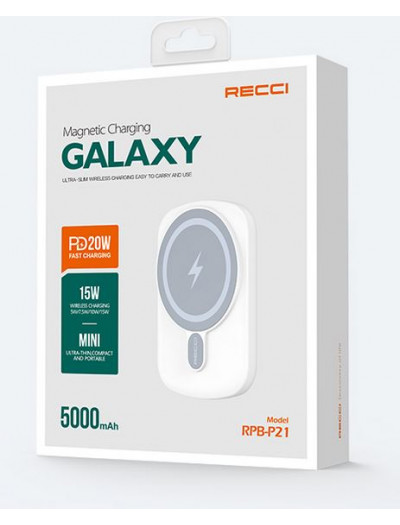 RECCI RPB-P21 White Galaxy Series Magnetic 15W Wireless Power Bank PD 20W 