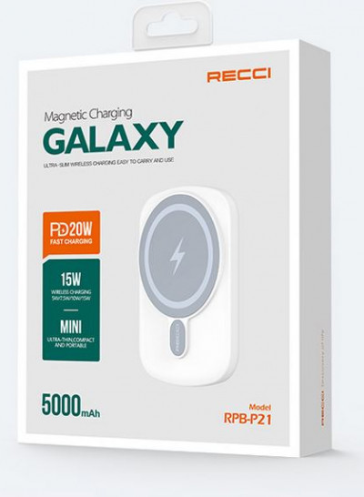 RECCI RPB-P21 White Galaxy Series Magnetic 15W Wireless Power Bank PD 20W 