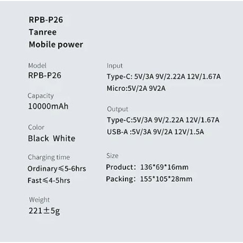 RECCI RPB-P26 PD20W + 18W FAST CHARGING POWER BANK 10000MAH