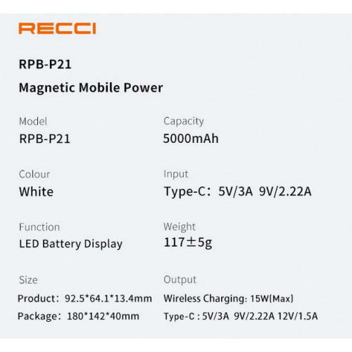 RECCI RPB-P21 White Galaxy Series Magnetic 15W Wireless Power Bank PD 20W Wired Fast Charge